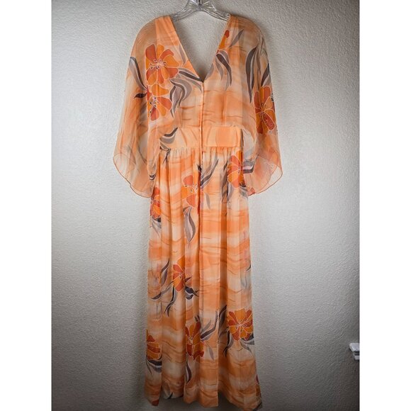 Vintage Edith Flagg Maxi Dress - Orange Floral Chiffon Kaftan Style - Size Small - Picture 5 of 9